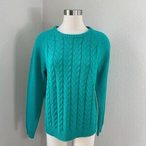 Lands End Drifter Womens XL/P 18 Cable Knit Sweater Cotton Teal Blue Long Sleeve